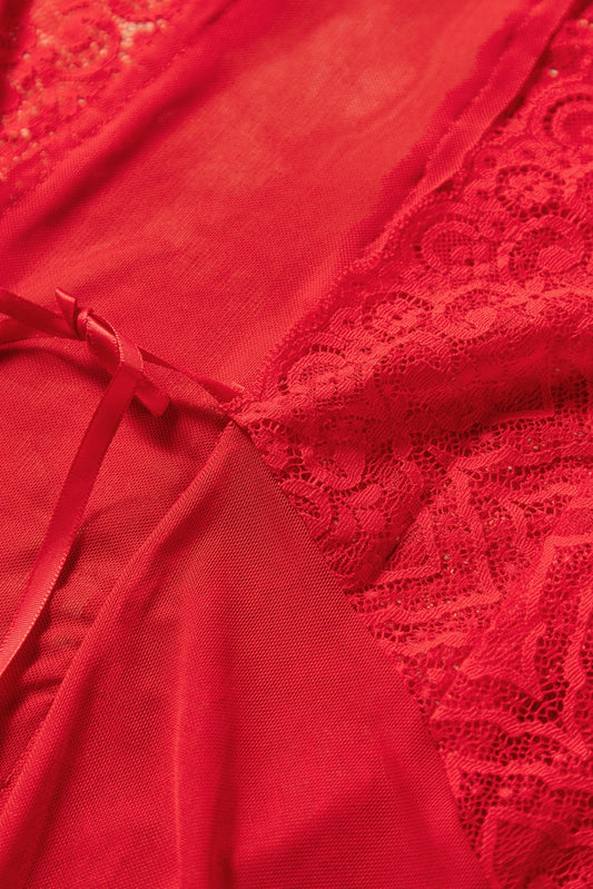 Red lace long sleeve open front negligee