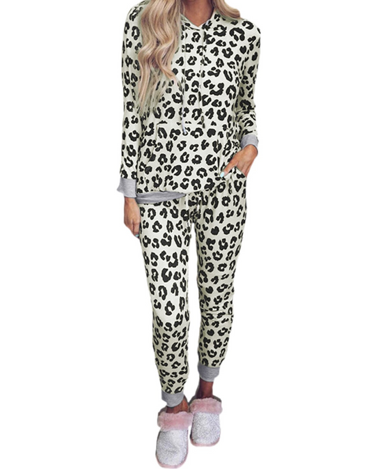 Leopard hooded long sleeve top and jogger pant loungewear