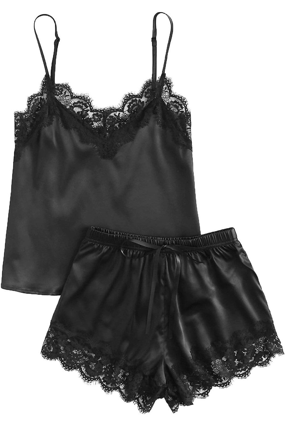 Black Satin Pajama Top & Short Set