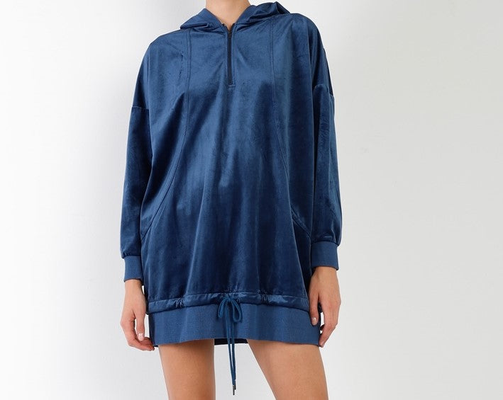 Navy long sleeve hooded mini dress